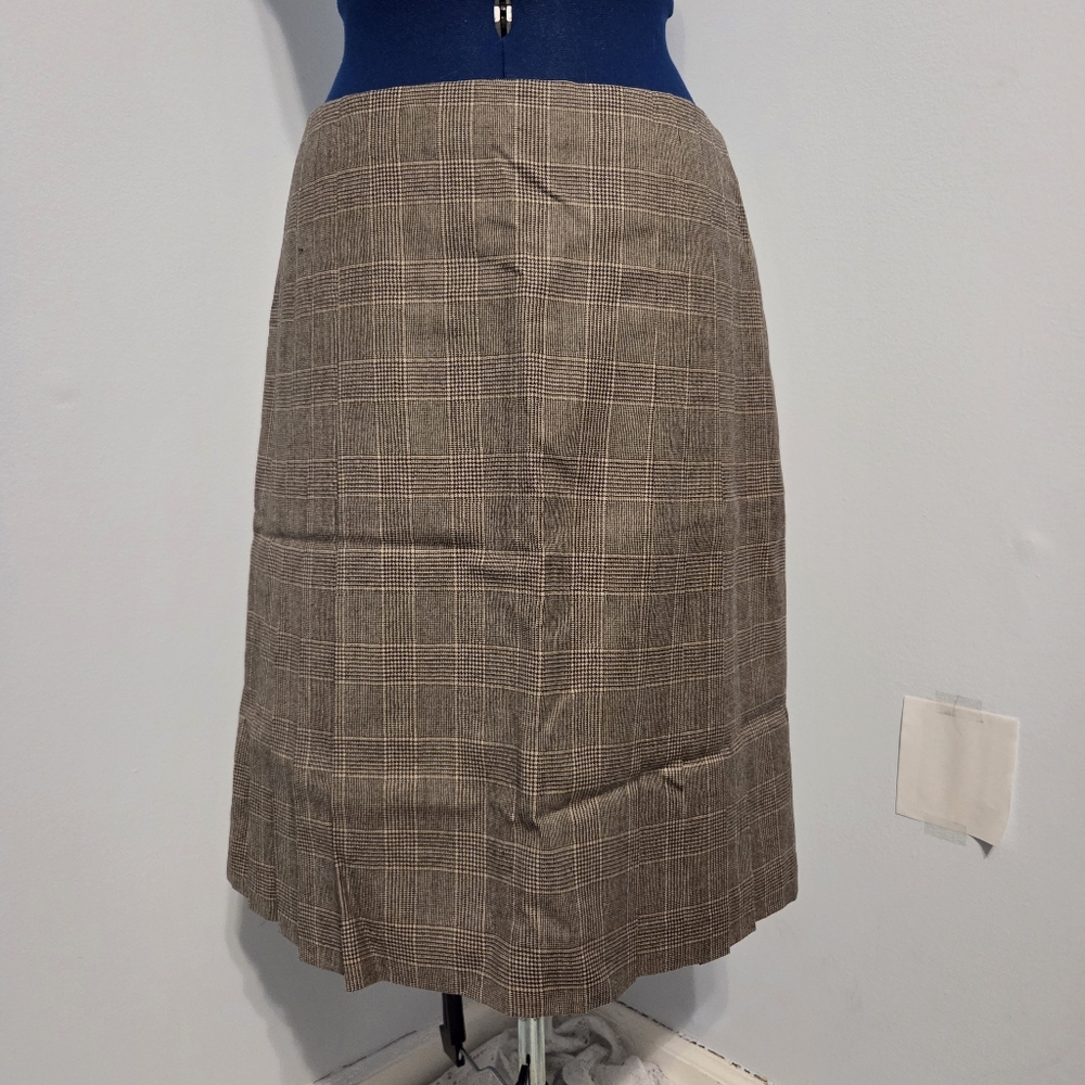 Brown Houndstooth Plaid Pleated Wool Midi Skirt Size 8